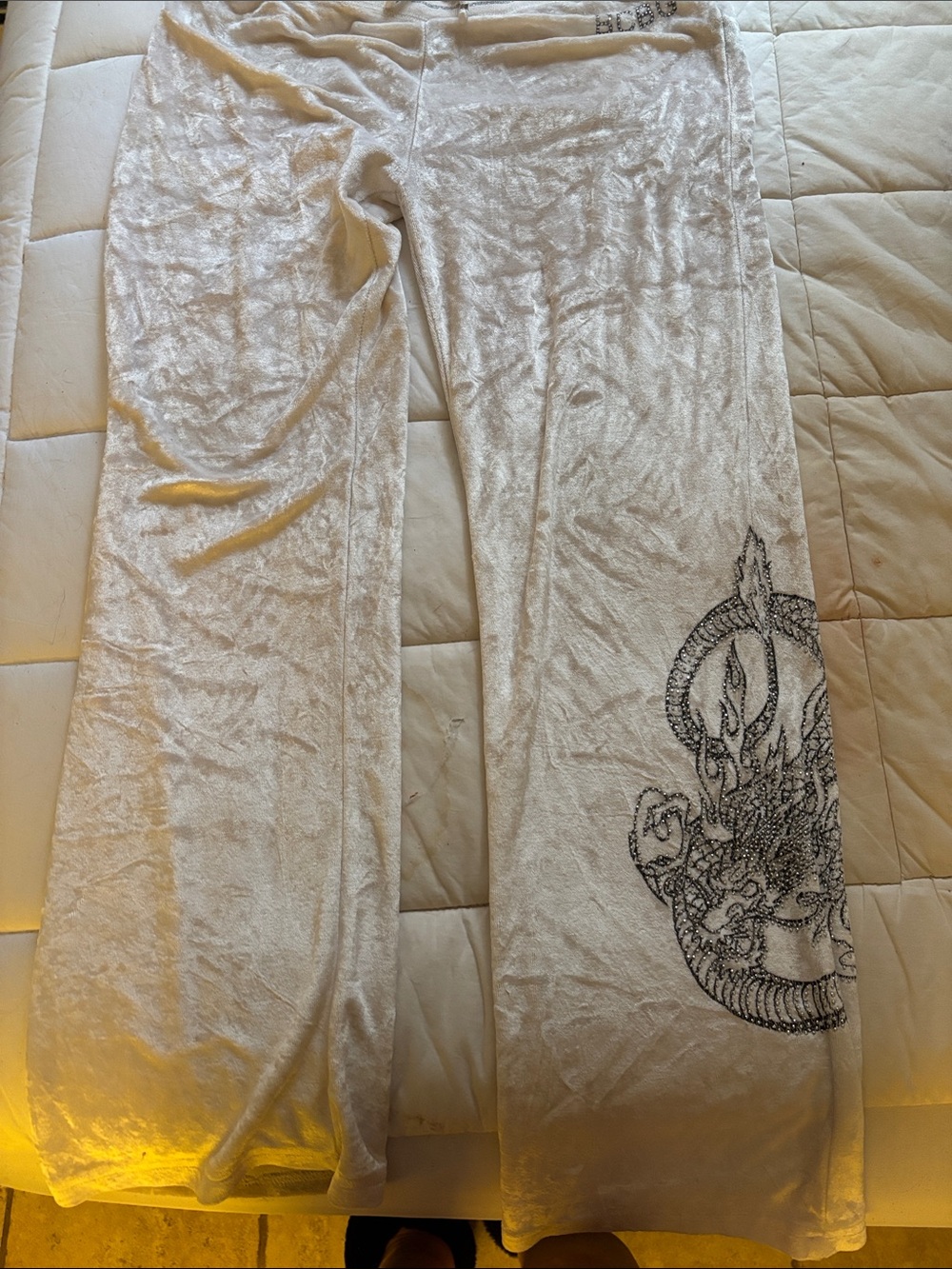 BCBGMaxAzria Silver Velvet Lounge Pants with Black Embroidered Snake